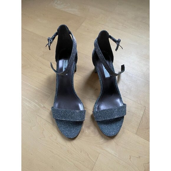 NINE West "Pruce" silver glitter block heel ankle strap Women NEW sandal - Picture 2 of 9